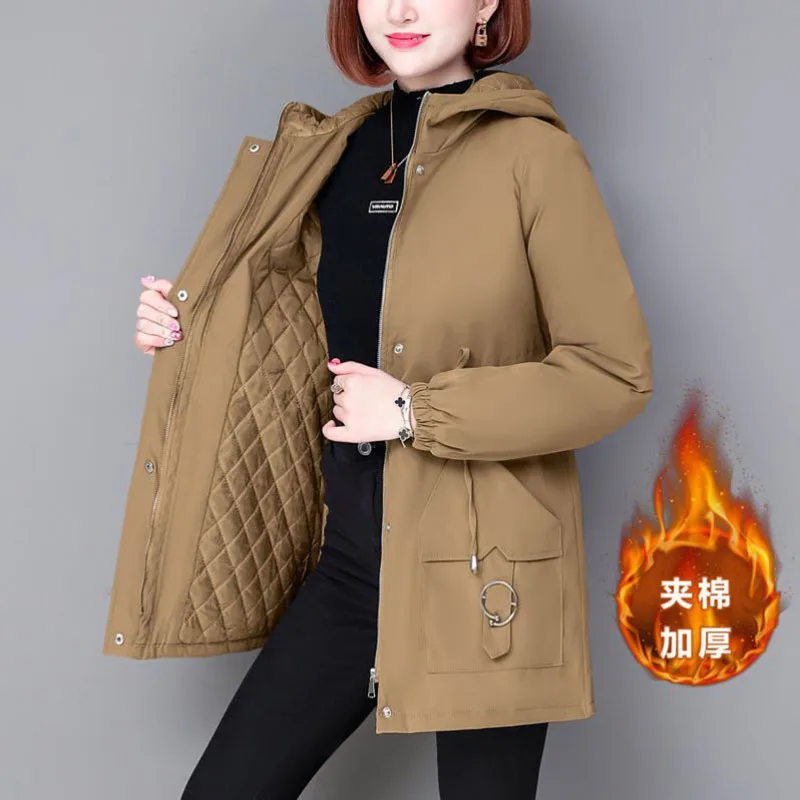

2022 Winter Thicken Cotton hooded Jacket Female Coat Solid Casual Warm Ladies Outerwear Slim Mid-length Hooded Parkas