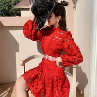dimi hollow out dress fashion holiday belt mini dresses runway designer spring lace party dress new women lantern sleeve