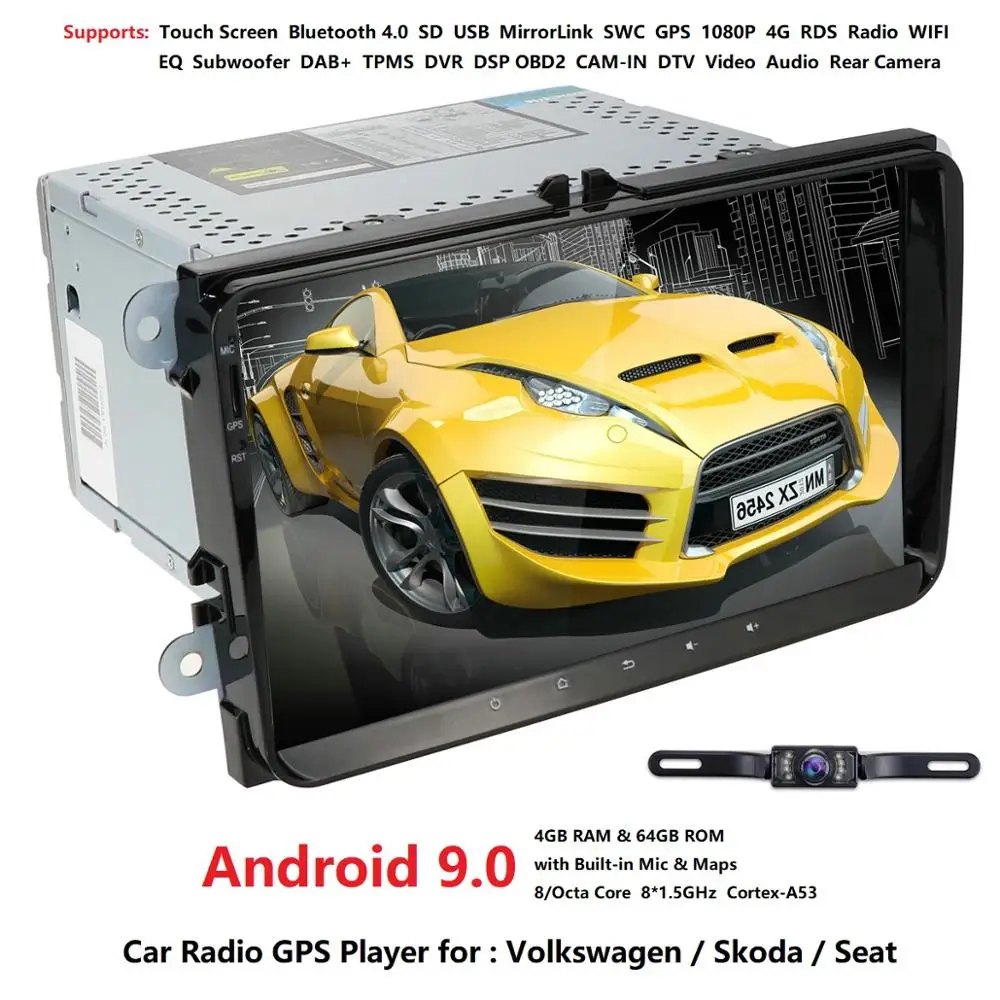 Android 9,0 9 дюймов 2 Din 4G ram 32G rom gps Радио стерео для V W passat golf 4 5 tiguan polo skoda fabia CC DAB wifi BT CAM