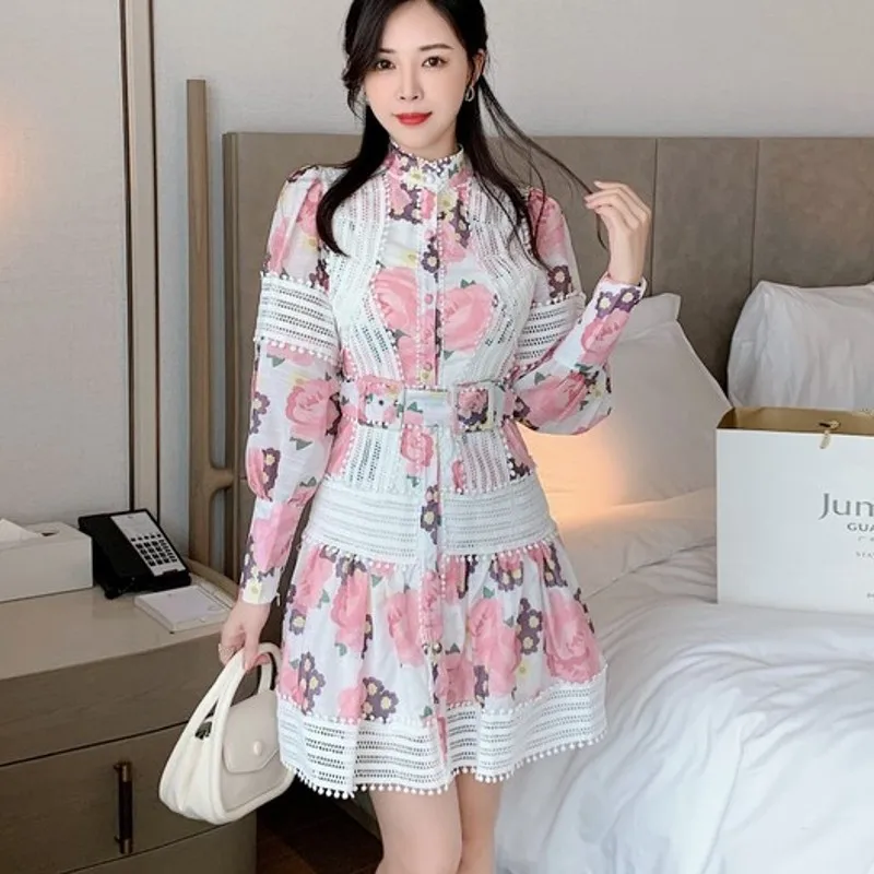 

spring Retro elegant temperament women Chinese style printing long-sleeved single-breasted women's dress with belt