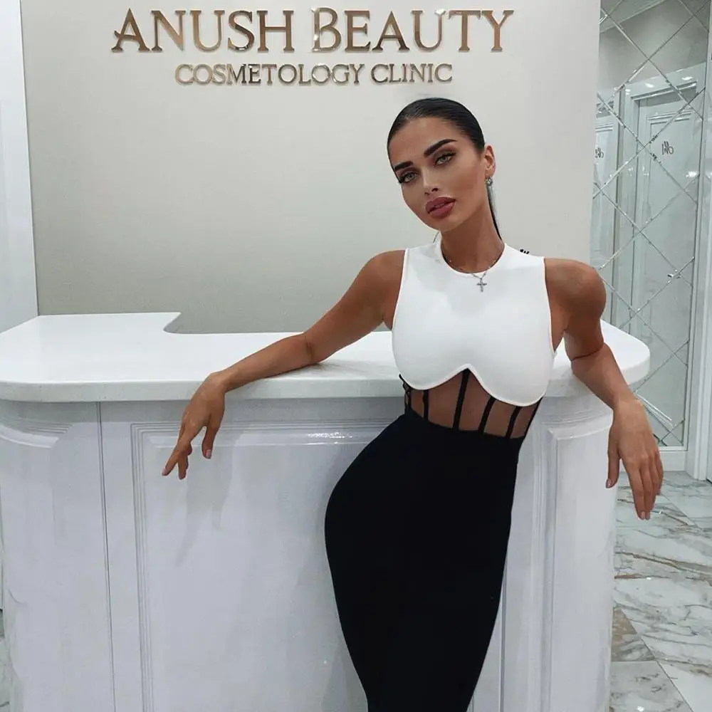 

Sexy Women Designer Bodycon Black White Patchwork Mesh Bandage Dress 2021 New Fashion Sleeveless Party Dress