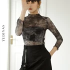 Yedinas Тюль Прозрачный Топ Футболка с длинным рукавом для женщин абстракция печати, цвета на выбор, Топ для женщин 2021 одежда крышка складывается втрое