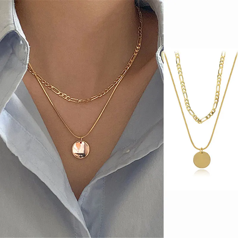 

XIAOBOACC 2Pcs/set Gothic Necklace for Women Punk Grunge Simple Metal Chain Round Tag Pendant Necklace