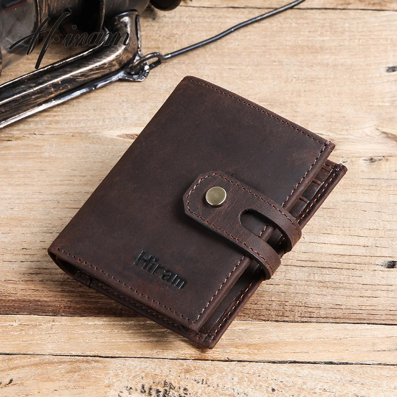 

Hiram vintage crazy horse leather short wallet men small rfid card holder wallet for men mini hasp male coin purses carteiras