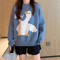 sweet girls casual o neck pullovers preppy style loose cartoon jumpers autumn winter warm tops wow white duck knitted sweater