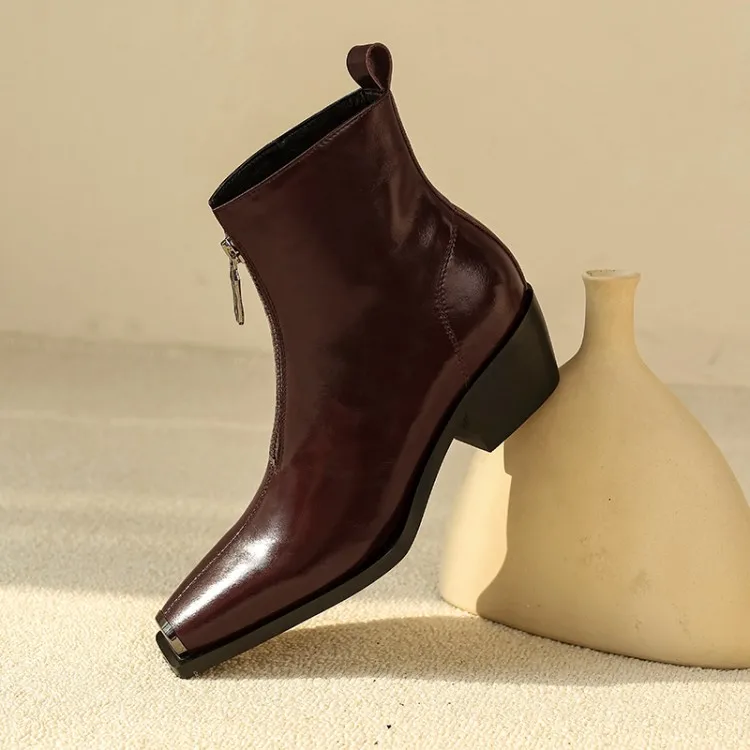 

MLJUESE 2021 women soft ankle boots cow leather zippers boots winter short plush square toe high heels women boots