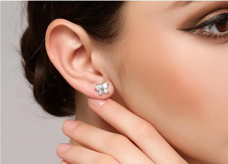 

925 Sterling Silver Piercing Crystal Butterfly Stud Earrings for Women Accessories pendientes plata de ley 925 mujer eh1309