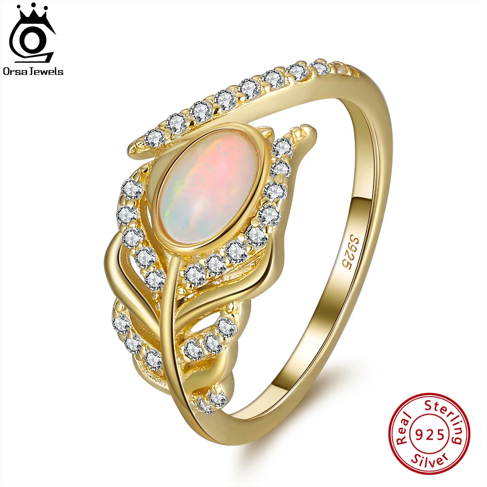 

ORSA JEWELR Soild 925 Sterling Silver Feather Adjustable Ring Dainty Oval Genuine Natural Opal Gemstone Women Rings Girl GMR01