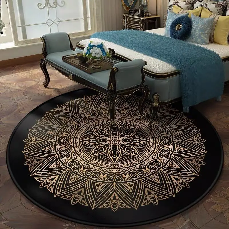 

Retro Black gold pattern round thick carpet home coffee table blanket Bedroom study chair round computer chair Printed carpet