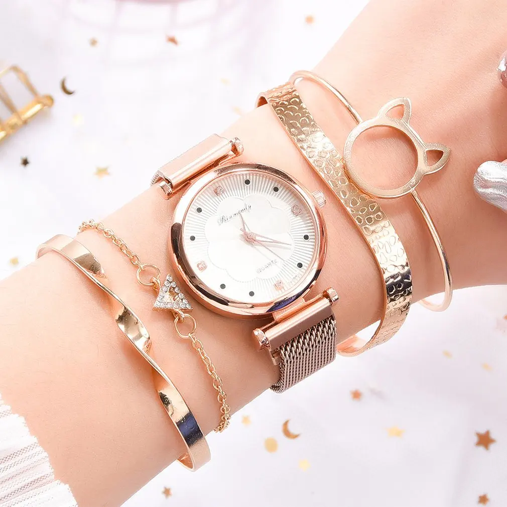 

5pcs Set Luxury Women Watch Magnetic Rhinestone Lucky Flower Female Clock Quartz Wristwatch Ladies Wrist Watch Relogio Feminino