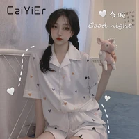 caiyier women pajamas set summer simple love printing sleepwear white sweet girl leisure wear short sleeved shorts for home wear