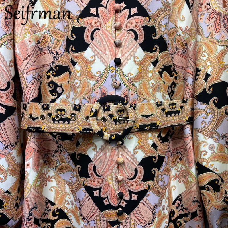 

Seifrmann Summer Women Fashion DesignerParty Midi Dress Sashes Lantern Sleeve Vintage Printed Elegant Ladies A-line Dresses