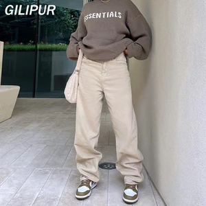 Beige Women Jeans Spring Autumn Winter Fashion Streetwear Denim Casual Low Waist Loose Straight Pant in India