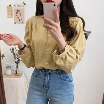 Korean O-neck Plaid Lantern Sleeve Shirt Spring Autumn Casual Loose Sweet Girl Preppy Long-sleeved Blouse 1