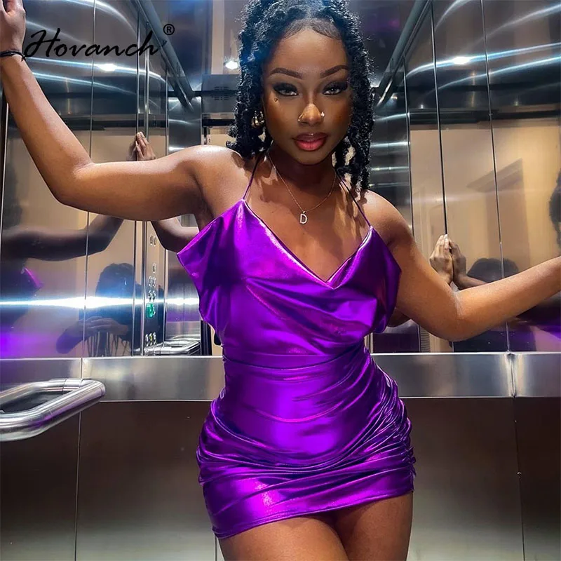 

Hovanch фиолетовая Яркая кожаная мини-юбка без рукавов с открытой спиной с V-образным вырезом и тонкими плечами 2021 зимнее модное Клубное вечерн...