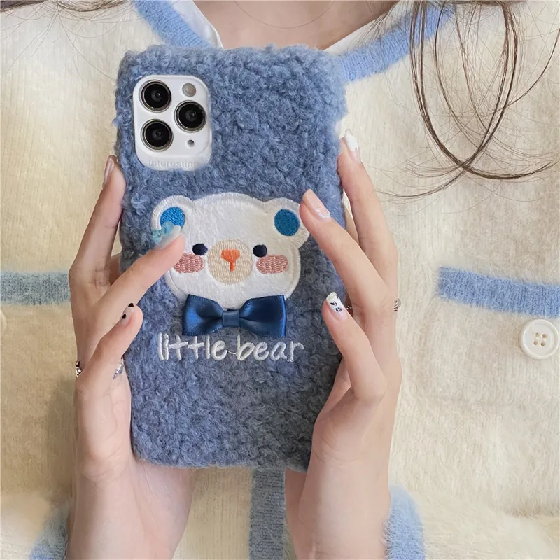 

Cute cartoon Winter Warm fur Phone Case For iPhone 12 Mini 11 Pro XS Max XR X 8 7 Plus SE2 Luxury Plush Soft silicone Back Cover