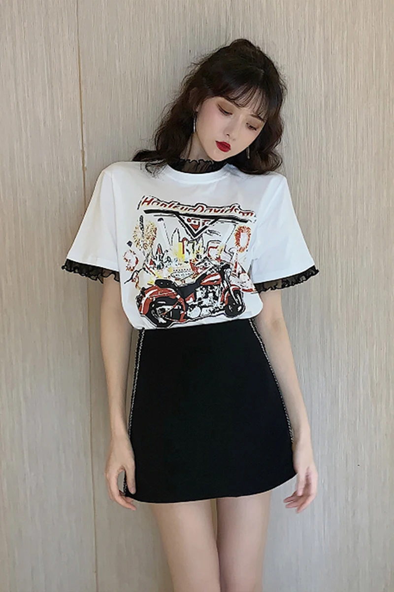 Летний модный костюм 2019 два костюма для женщин новая Кружевная футболка с