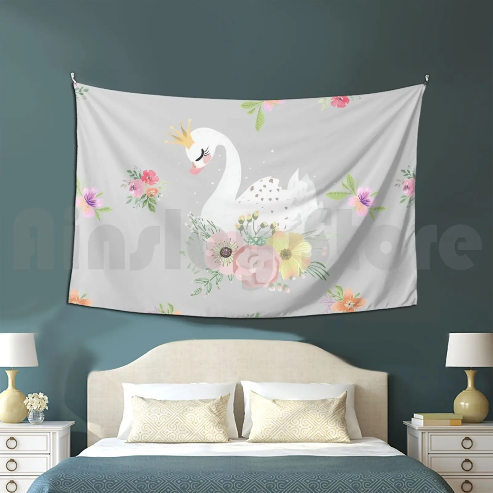 

Little Swan Floral Tapestry Living Room Bedroom Odette Ballet Swan Lake Swan With Crown Flowers Swan Princess Cute Baby