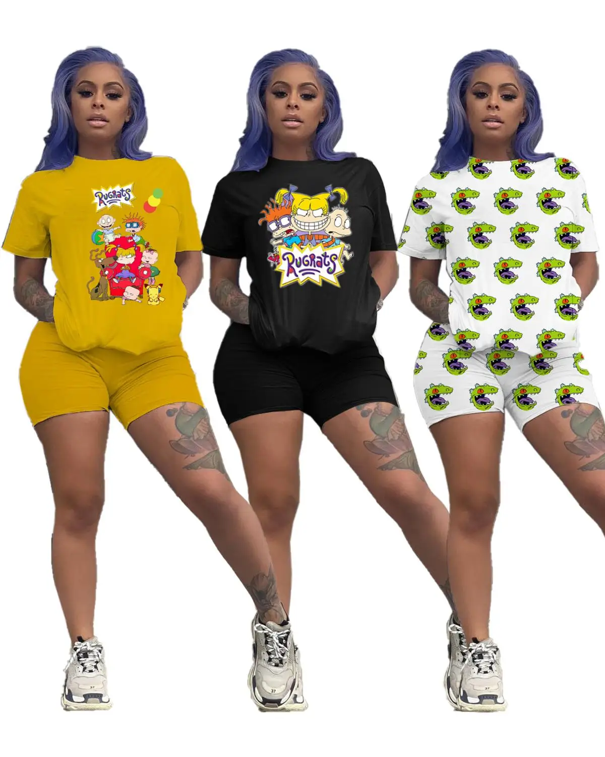 

Cute Cartoon Print Two Piece Set Summer Women Casual Suit Hot Sale O Neck Pocket Short Sleeve T-shirt And Shorts 3 Color