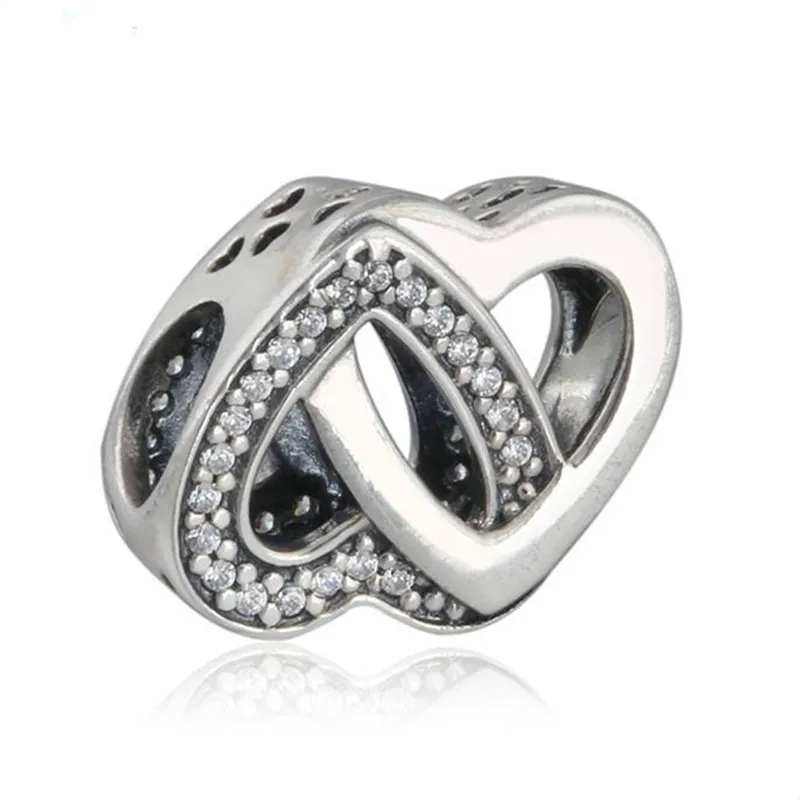 925-Sterling-Silver Clear CZ Entwined Love Heart Charms Mother's Day Interlocked Hearts Bead Fits Pandora Jewelry Making DIY