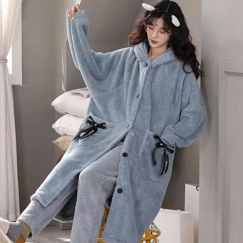 Autumn Winter Ladies Coral Fleece Pajamas Sweet Cute Women Plus Size Nightgown Thicken Warm Bathrobe Fashion Soft Homewear Suit