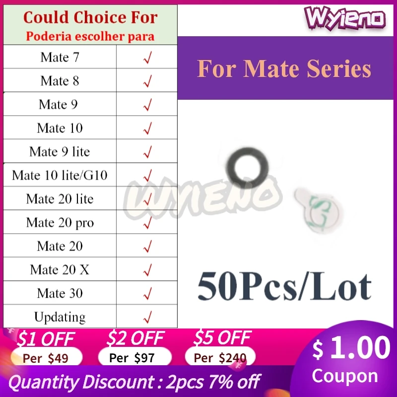 

Wyieno Black Back Big Rear Camera Glass Lens For Huawei Mate 7 8 9 10 20 30 X lite Pro Camera Lens With Sticker 50pcs/lot