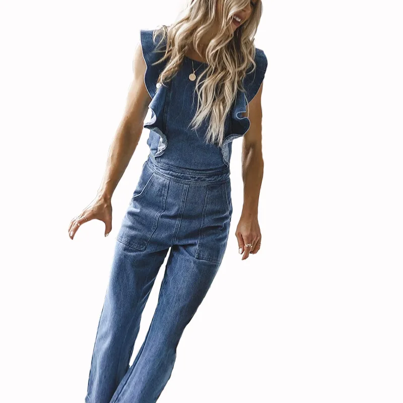 Women Summer Casual Vintage Washed Sleeveless Backless Romper Ruffled Loose Denim Jumpsuit Overalls Jeans 2021