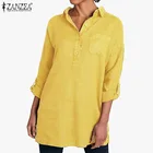 Женская хлопковая блузка ZANZEA, Повседневная Свободная рубашка с отложным воротником и длинными рукавами на пуговицах, туника размера плюс, осень 2020