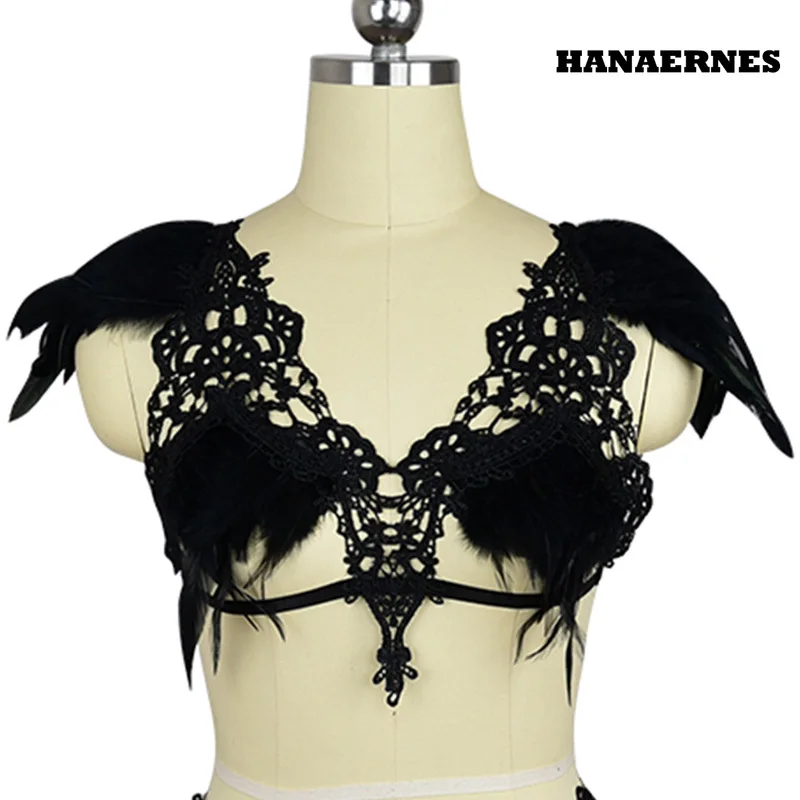

Black Gothic Lingerie Feather Wings Body Harness Belt Epaulettes Cage Bra Bondage Shoulder Festival Rave Party Pole Dance Wear
