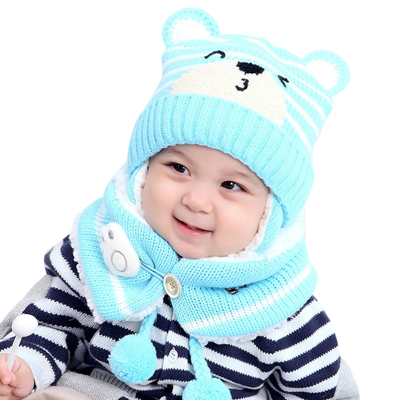 Loozykit 2 pcs Warm Hat Suit Baby Boy Girls Thermal Knitted Cartoon Bear Hat Scarf Toddler Winter Fleece Cap Set