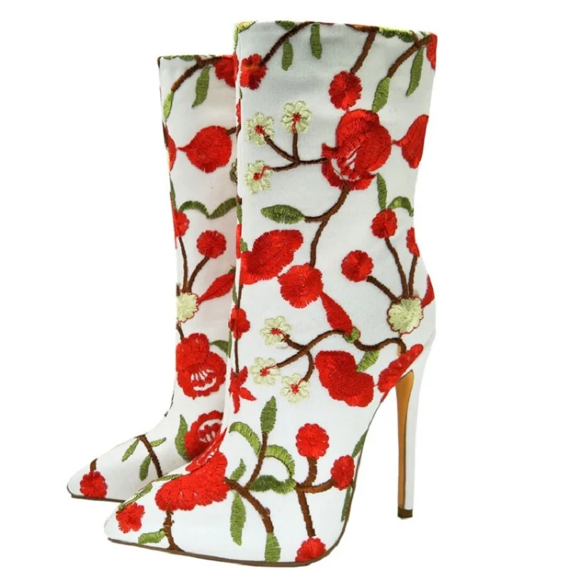 Женские ботильоны с вышивкой на тонком каблуке размеры 4-15 | Обувь