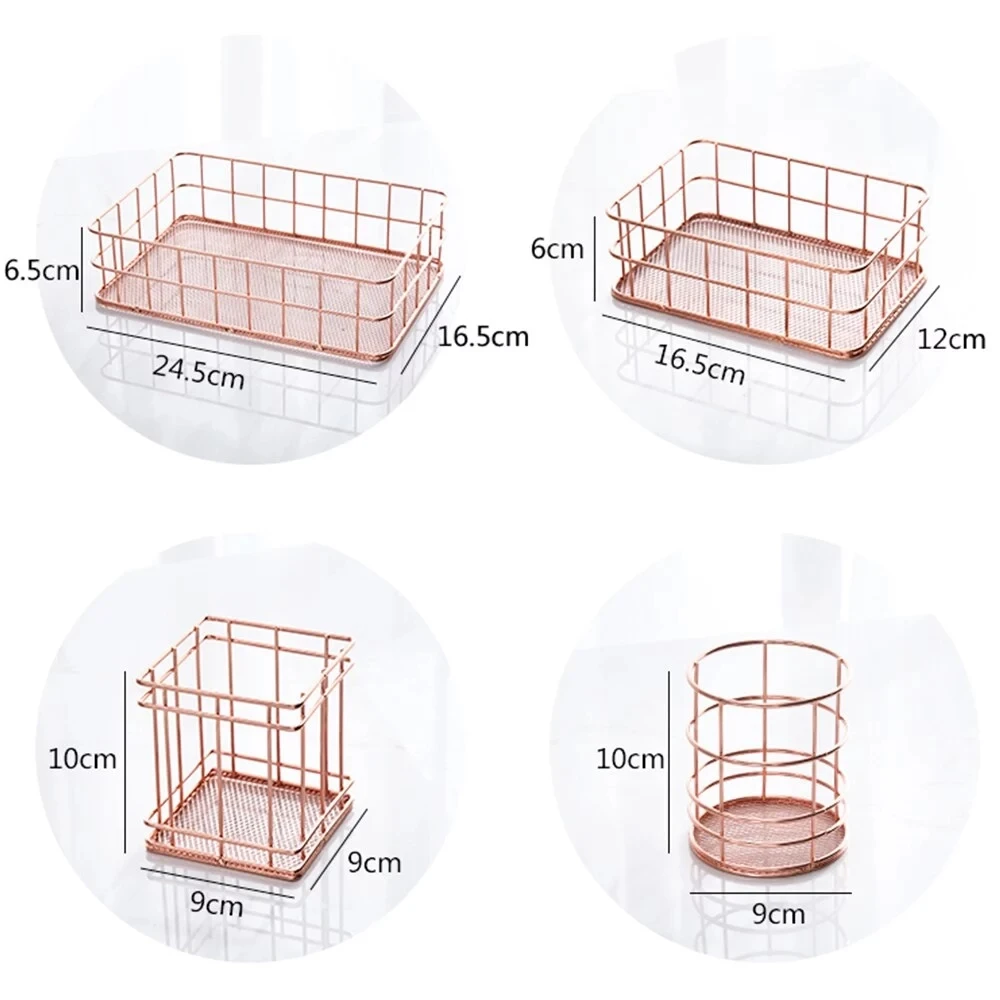 

Wrought Iron Storage Basket Office Desktop Rose Golden Sundries Makeup Brushes Pen Holder Cosmetics Table Home Bedroom Organizer