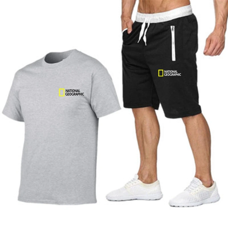 

2021National Geographic Tracksuit Sets Men's Casual Brand Fitness Sweatshirt Two-piece T-shirt Shorts Men's Hip Hop Fashion Clot