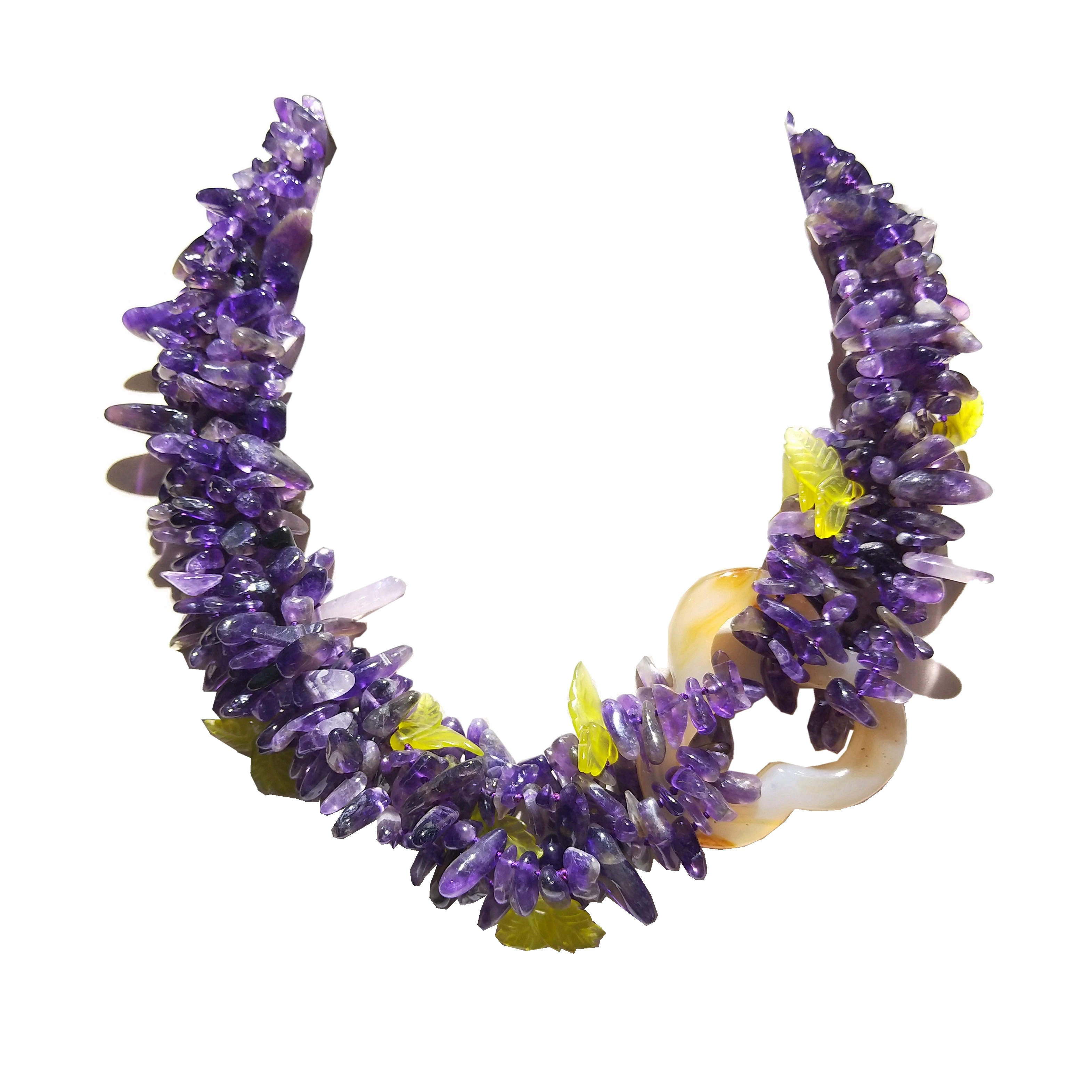 

Lii Ji Amethyst Agate Korea Jade Leaves Statement Necklace Natural Real Stone Jewelry For Women 50cm