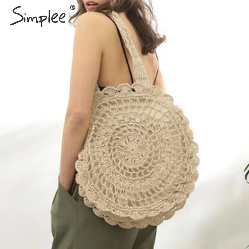 Simplee из ротанга, женские сумки через плечо, круглые соломенные сумки, большая емкость, ручная работа, летние сумки, женские круглые богемные сумки