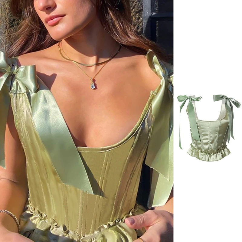 

Women Satin Tie Up Bow Strap Crop Top Ruffles Solid Color Boned Corset Camisole X7XE