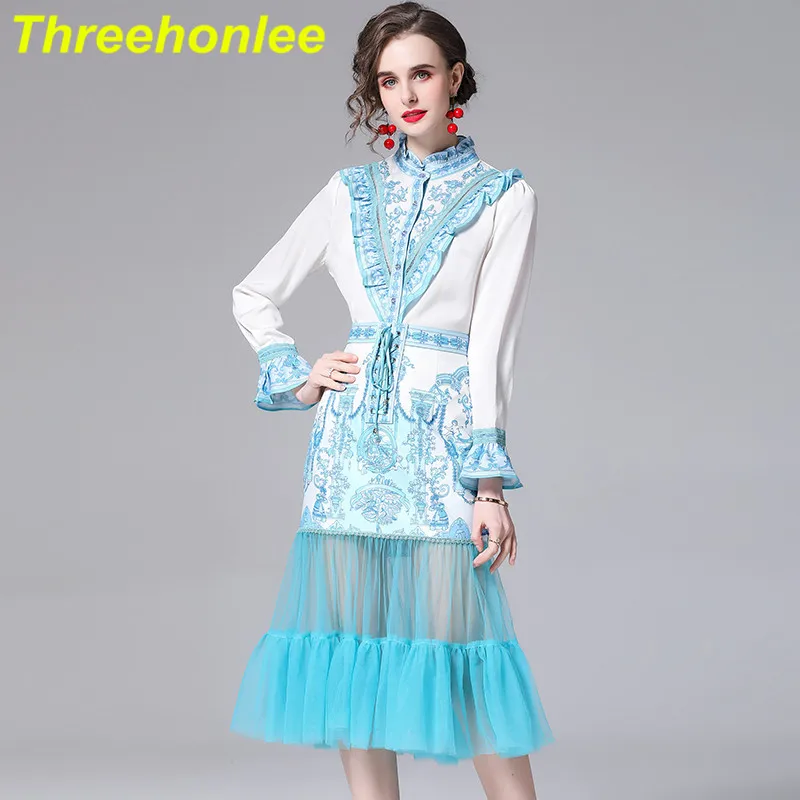 

Runway Designer Summer Fall Women Flare sleeve Ruffles Print Elegant Blouse Shirt +Patchwork Mesh Long Skirt 2 piece Set Female