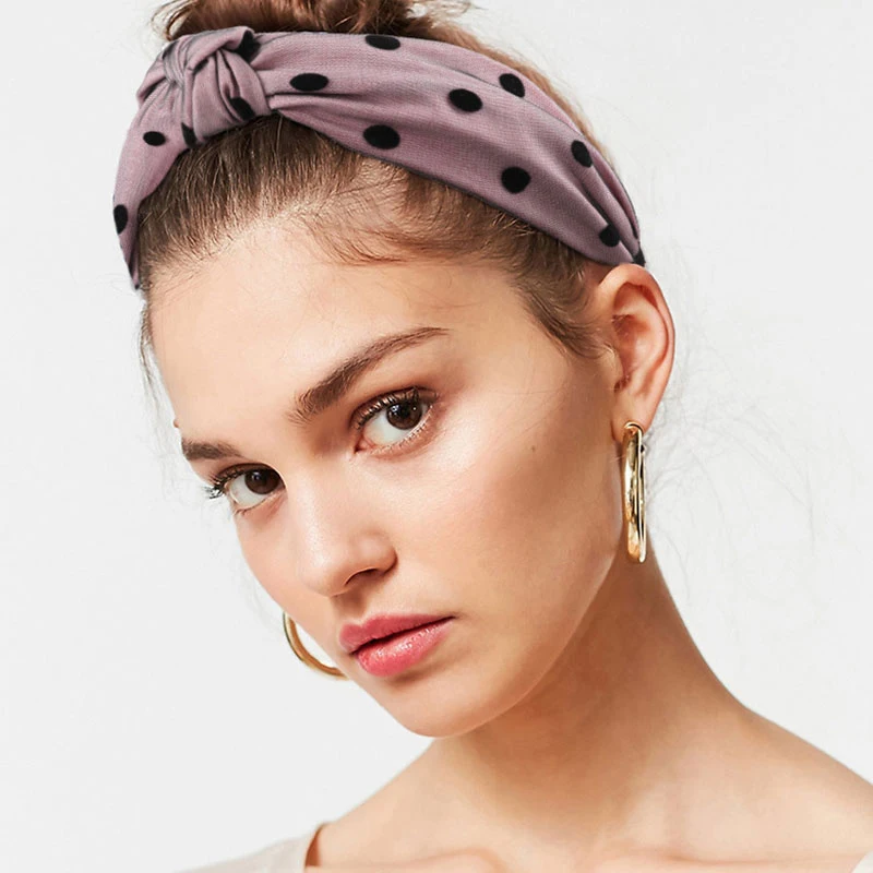 Модная широкая повязка на голову с узелком кружевная пряжа в горошек ободок бант