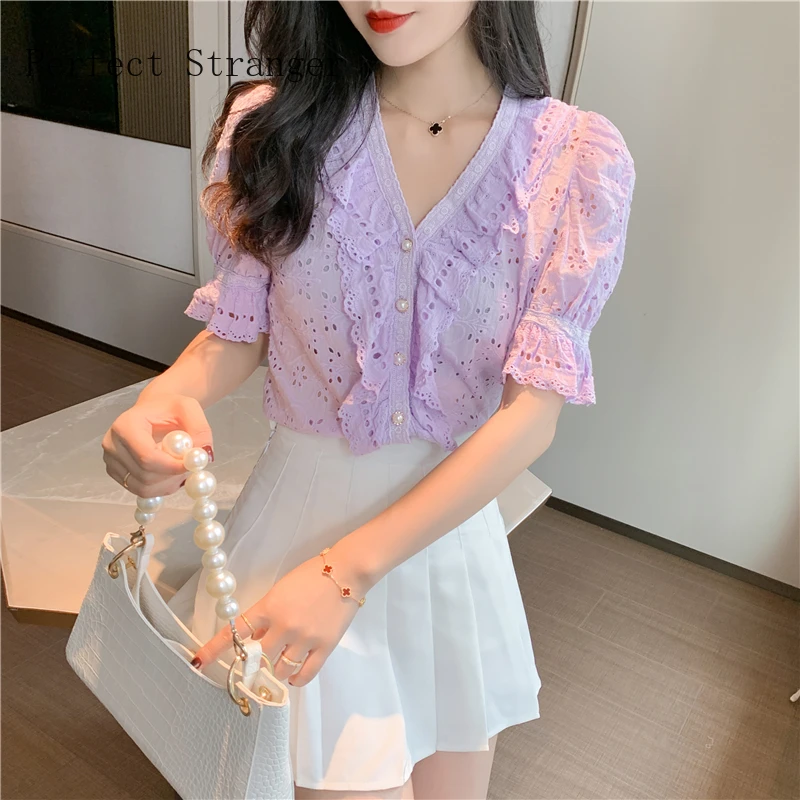 

2021 Summer New Arrival Hot Sale V Collar Short Sleeve Ruffles Women Lace Chiffon Blouse High Quality