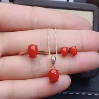 boutique red coral s925 silver ring earrings pendant necklace set fine classics jewelry for women free shipping meibapj fs