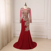 jiayigong luxury gold lace applique long evening dresses sexy illusion formal prom party dress burgundy robe de soiree