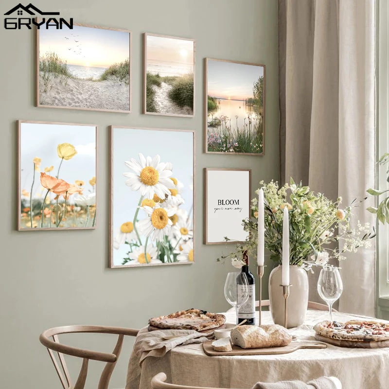 Скандинавская Маргаритка и Маковый цветок холст Художественная печать живопись