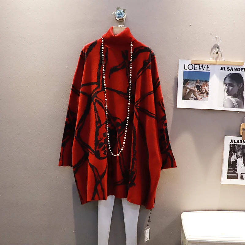 

SuperAen Turtleneck Abstract Irregular Pattern Print Knitted Dresses Winter New Vintage Fashion Loose Plus Size Top