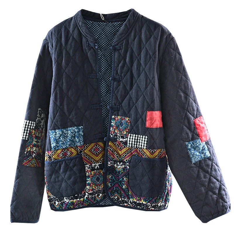 

Autumn Winter Arts Style Women Long Sleeve Vintage Short Coat Patchwork Cotton Linen Single Breasted Thicken Jackets Outerwear