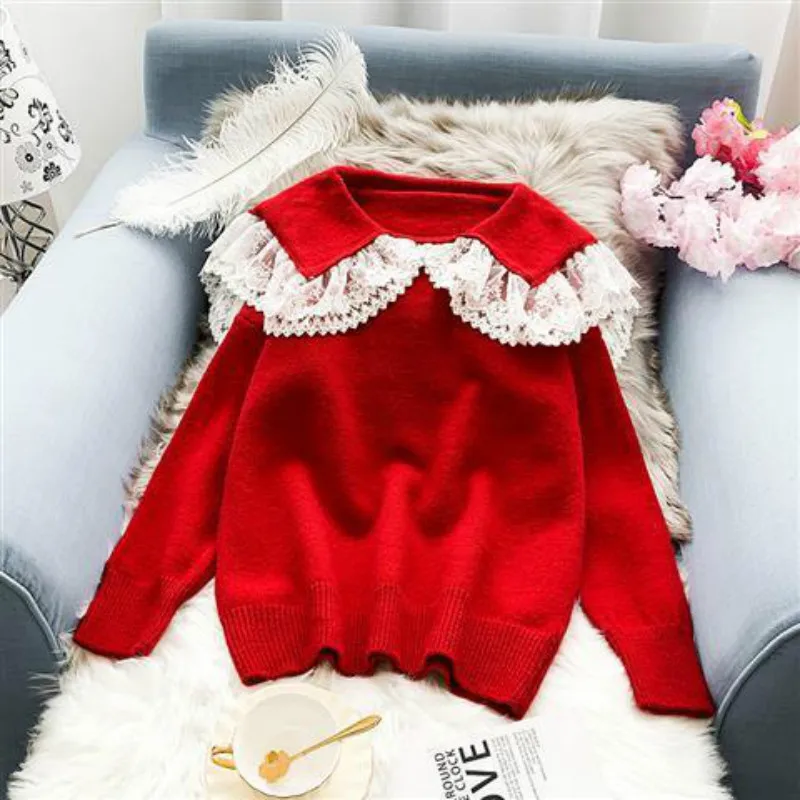 

2021 New Autumn Sweater Female Korean Version Loose Autumn Winter Outer Wear Lace Doll Collar Knit Pullover Top Y303