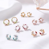 925 silver needle korean earrings for women sweet color wreath circle fresh girl color diamond petal earings shell ear rings