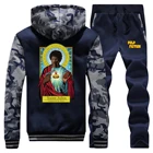 Повседневная Уличная одежда, куртки 2019, зимняя мужская куртка, плотный костюм свободного покроя с принтом Святого Миа Джулс, флисовая толстовка с капюшоном и брюки, комплект из 2 предметов