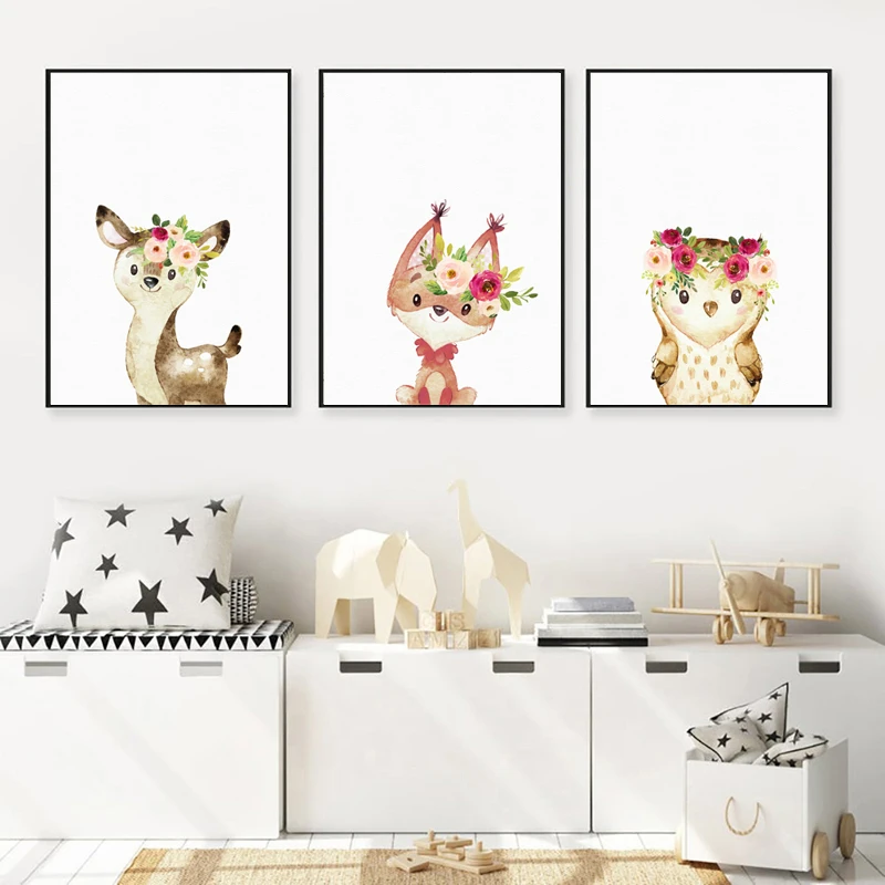 Картина на холсте с изображением лесных животных декор для детской комнаты милый