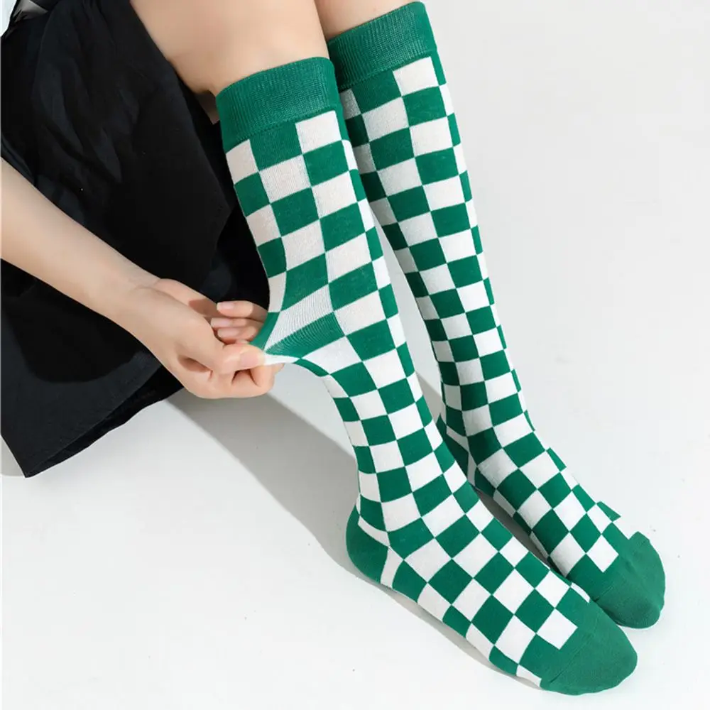 

1Pair Black and White Checkerboard Cotton Breathable Soft Korean Long Socks Vintage Green Harajuku Street Women Hosiery