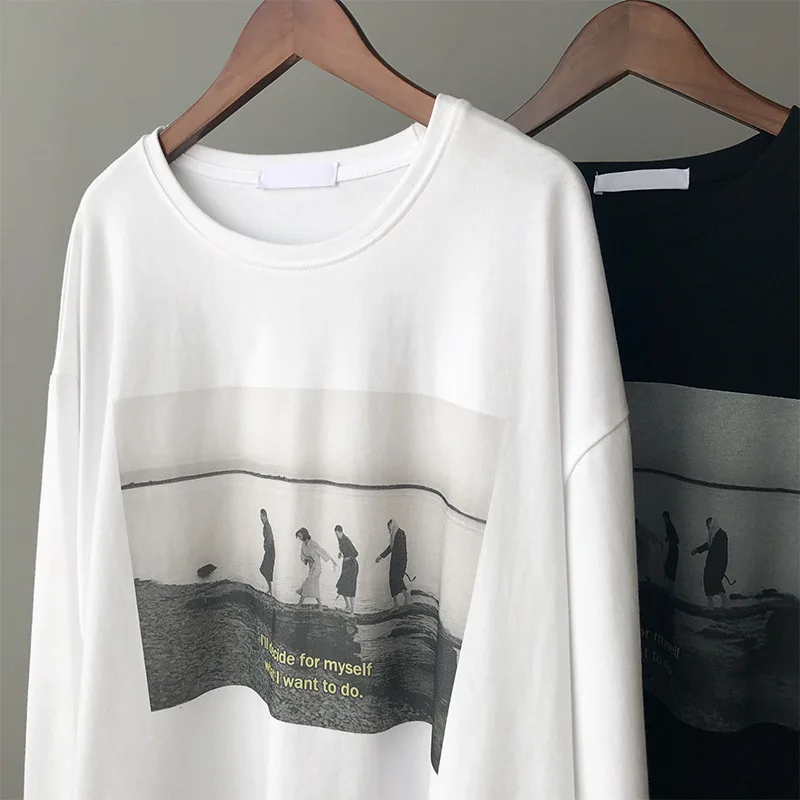 

2021 Women Spring O-Neck T Shirts Long Sleeve 100% Cotton Material Print Women Tops Boyfriend Style Loose Women White Tees